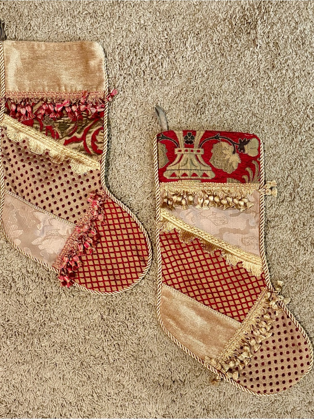 Festive Victorian Style Burgundy and Gold Patchwork Christmas Stockings-Large